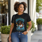Woman wearing a black t-shirt with 'Aquarius Too Weird To Care' design featuring a black woman wearing a t-shirt with the text 'different is my superpower' on a background