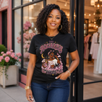 Woman wearing a black t-shirt with 'Aquarius Too Weird To Care' design featuring a black woman wearing a t-shirt with the text 'different is my superpower' in front of a store.