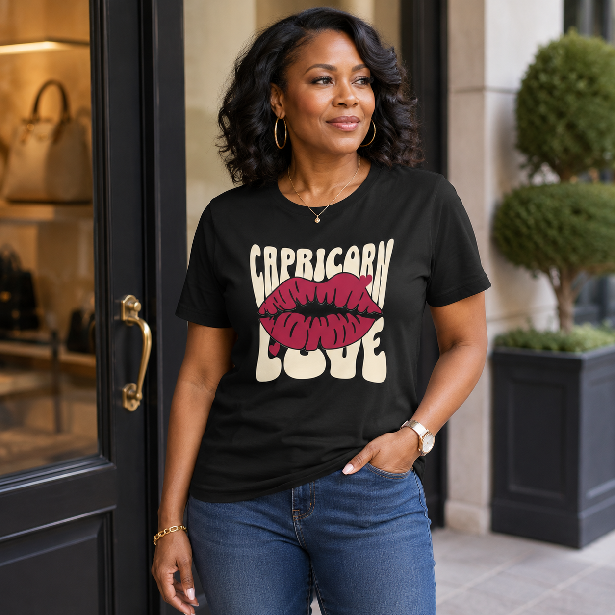 Woman wearing a black t-shirt with 'Capricorn Love'  with hearts and lips graphic standing outside a store.