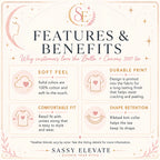 A promotional infographic titled 'FEATURES & BENEFITS' for the Bella + Canvas 3001 tee by Sassy Elevate, with six benefit callouts: soft feel, durable print, comfortable fit, and shape retention, plus small product illustrations on a cream background.