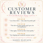 A digital graphic displaying four customer review quotes with five-star ratings, styled with a soft pink and gold aesthetic on a cream background. The brand name 'Sassy Elevate' is featured at the bottom.