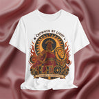 white  Leo Zodiac shirt with a black woman and lion with the text crowned by light. radiance is the assignment