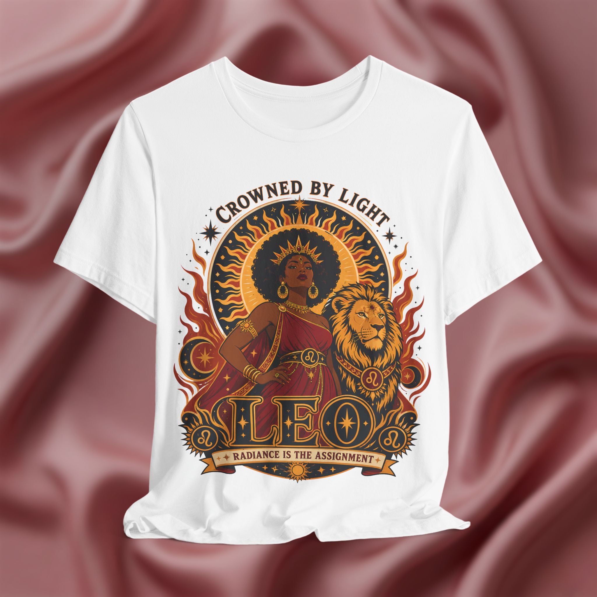 white  Leo Zodiac shirt with a black woman and lion with the text crowned by light. radiance is the assignment