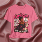 Charity Pink t-shirt with Capricorn zodiac design on a textured pink background