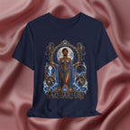 Navy blue t-shirt with 'Aquarius' design featuring a woman in a blue dress on a pink fabric background