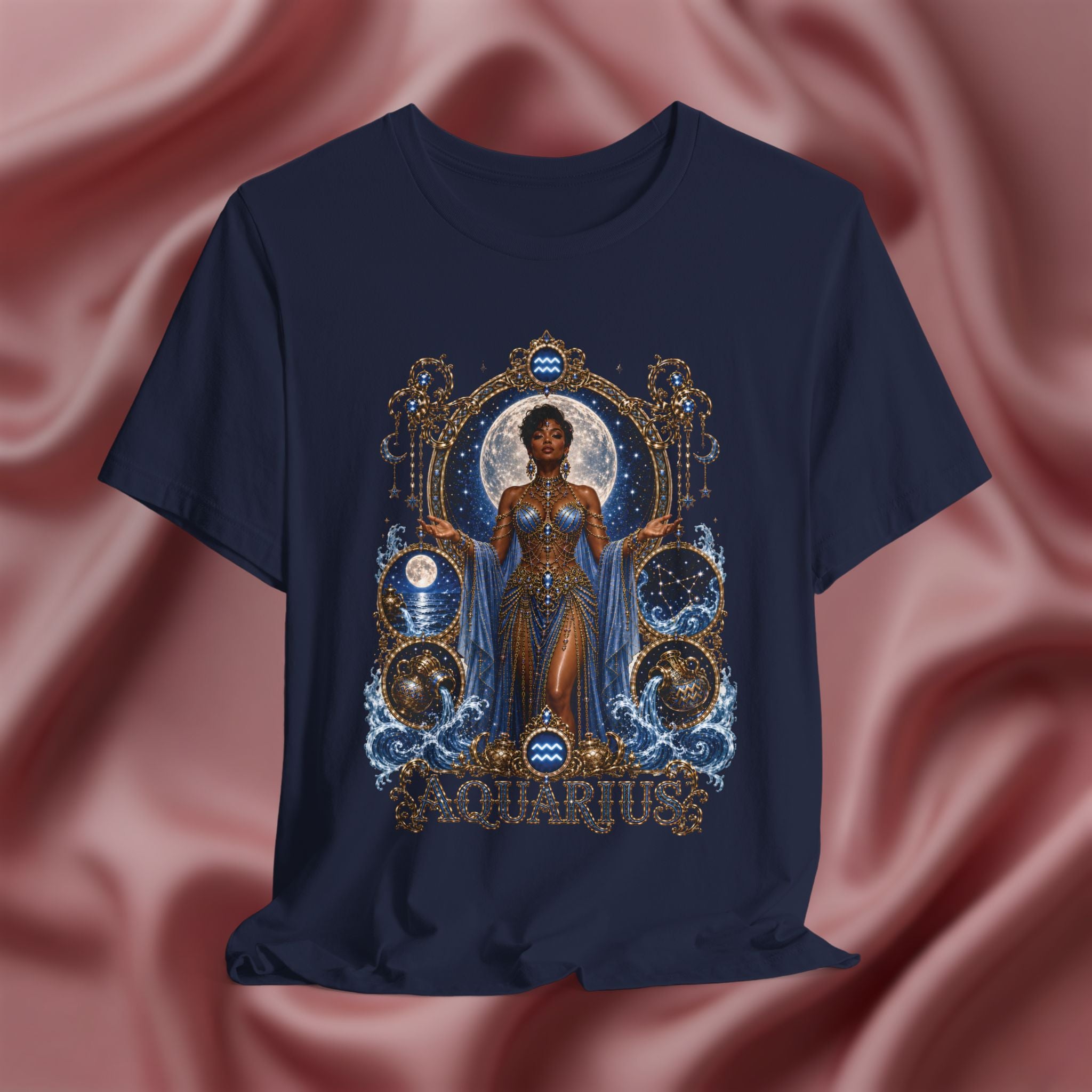 Navy blue t-shirt with 'Aquarius' design featuring a woman in a blue dress on a pink fabric background