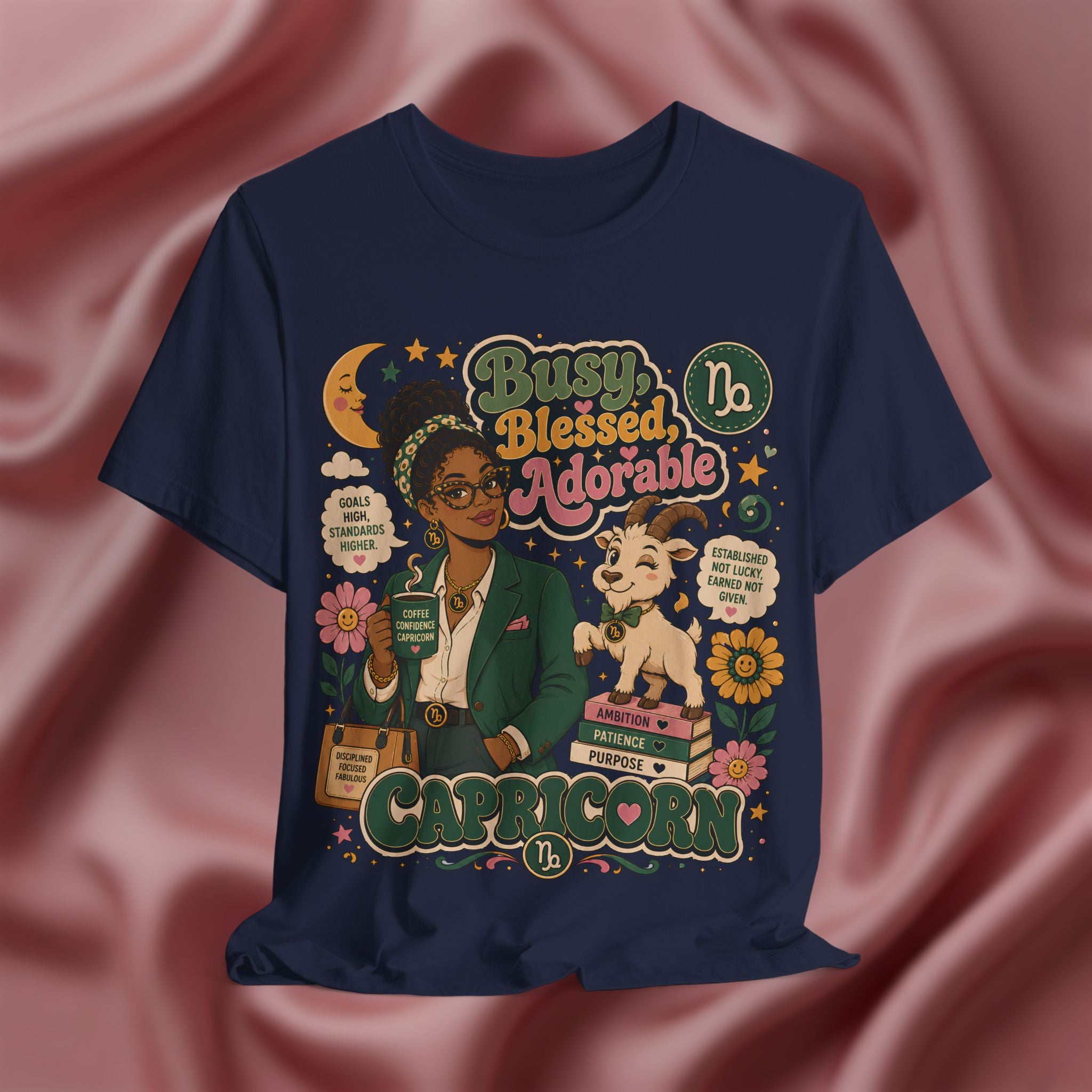 Navy blue t-shirt with Capricorn zodiac design featuring a woman and goat