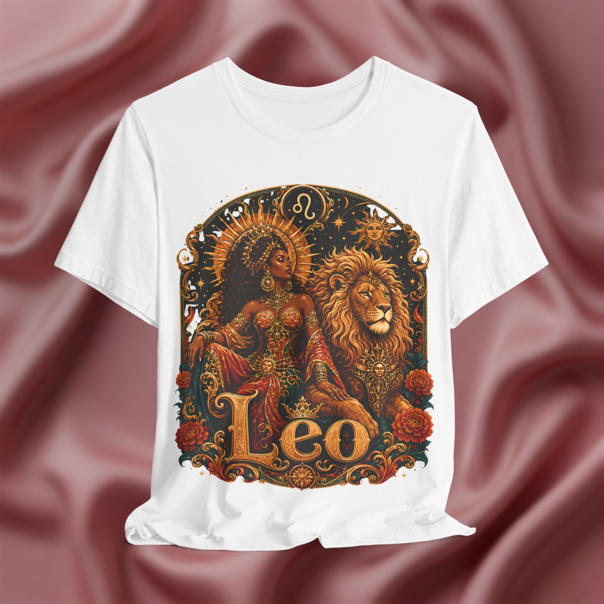 White t-shirt with Leo zodiac design 