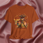 Autumn orange t-shirt with a colorful Taurus zodiac design featuring a bull and black woman  on a pink fabric background