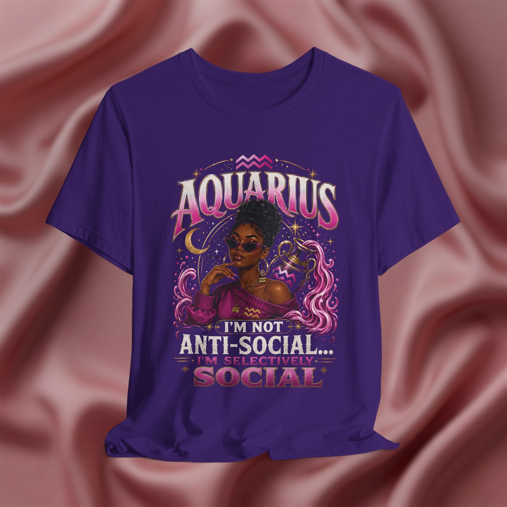 Purple t-shirt with Aquarius design featuring a black woman and text 'Aquarius I'm not anti-social I'm selectively social' on a pink fabric background