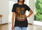 Woman wearing a black t-shirt with Leo Teacher design
