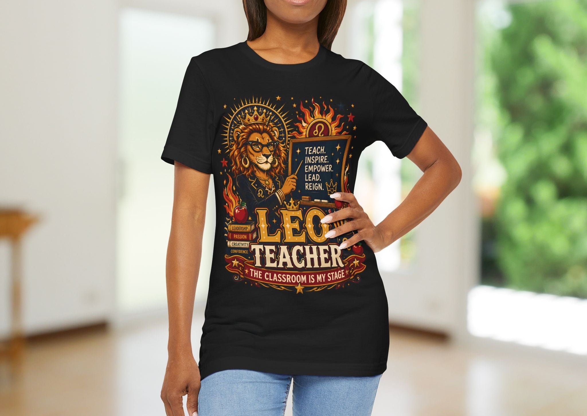 Woman wearing a black t-shirt with Leo Teacher design