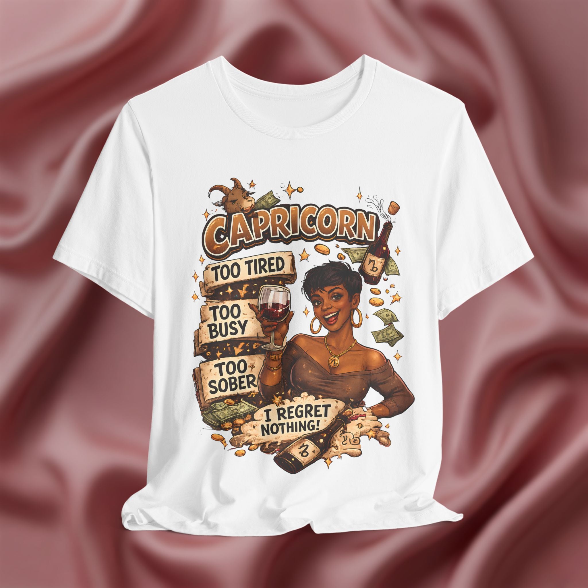 White t-shirt with Capricorn zodiac design on a pink fabric background