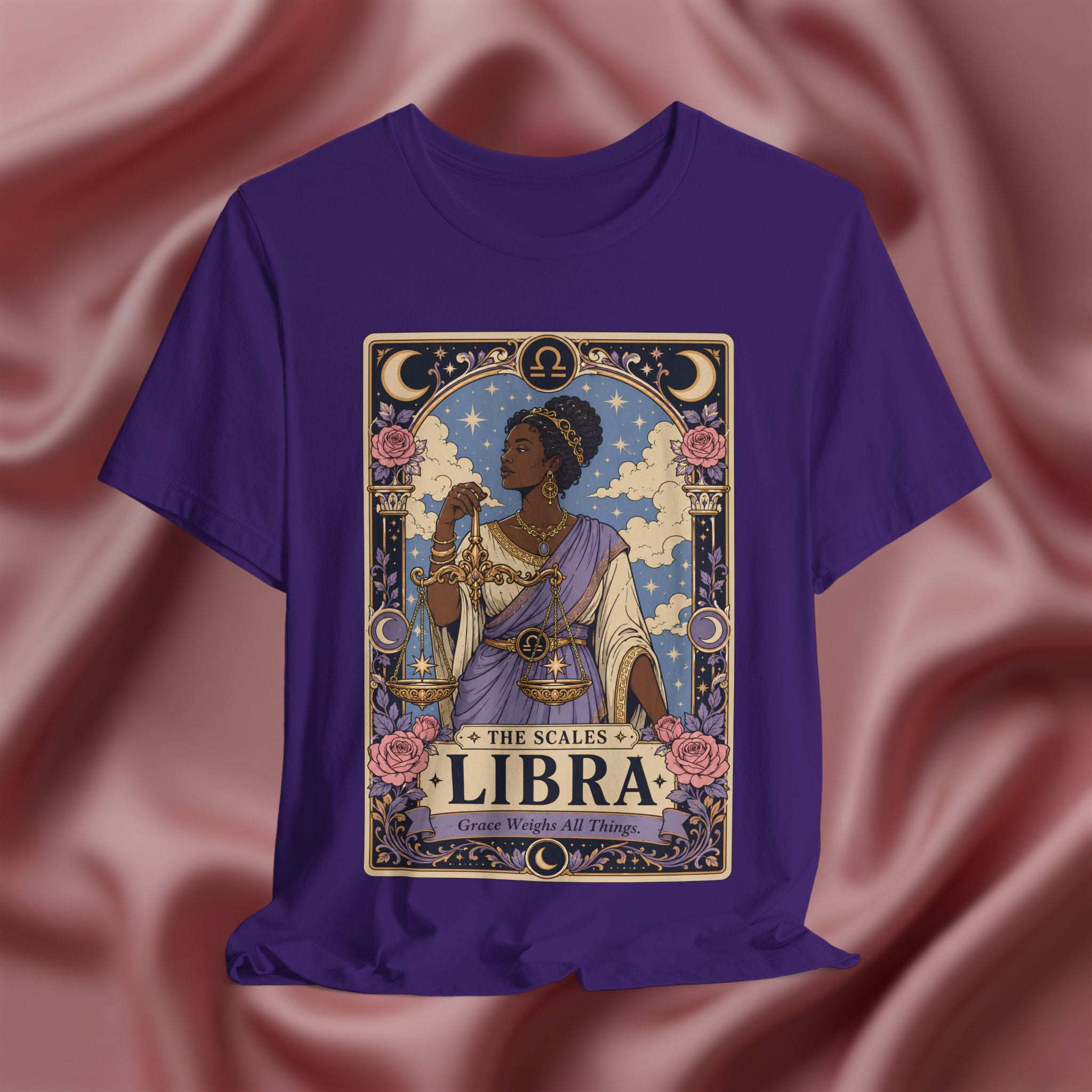 Purple t-shirt with Libra zodiac design