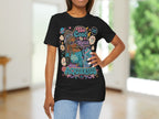 Person wearing a black t-shirt with Aquarius-themed design in a room with blurred background