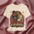 Soft cream T-shirt with Aries zodiac design on a textured red background