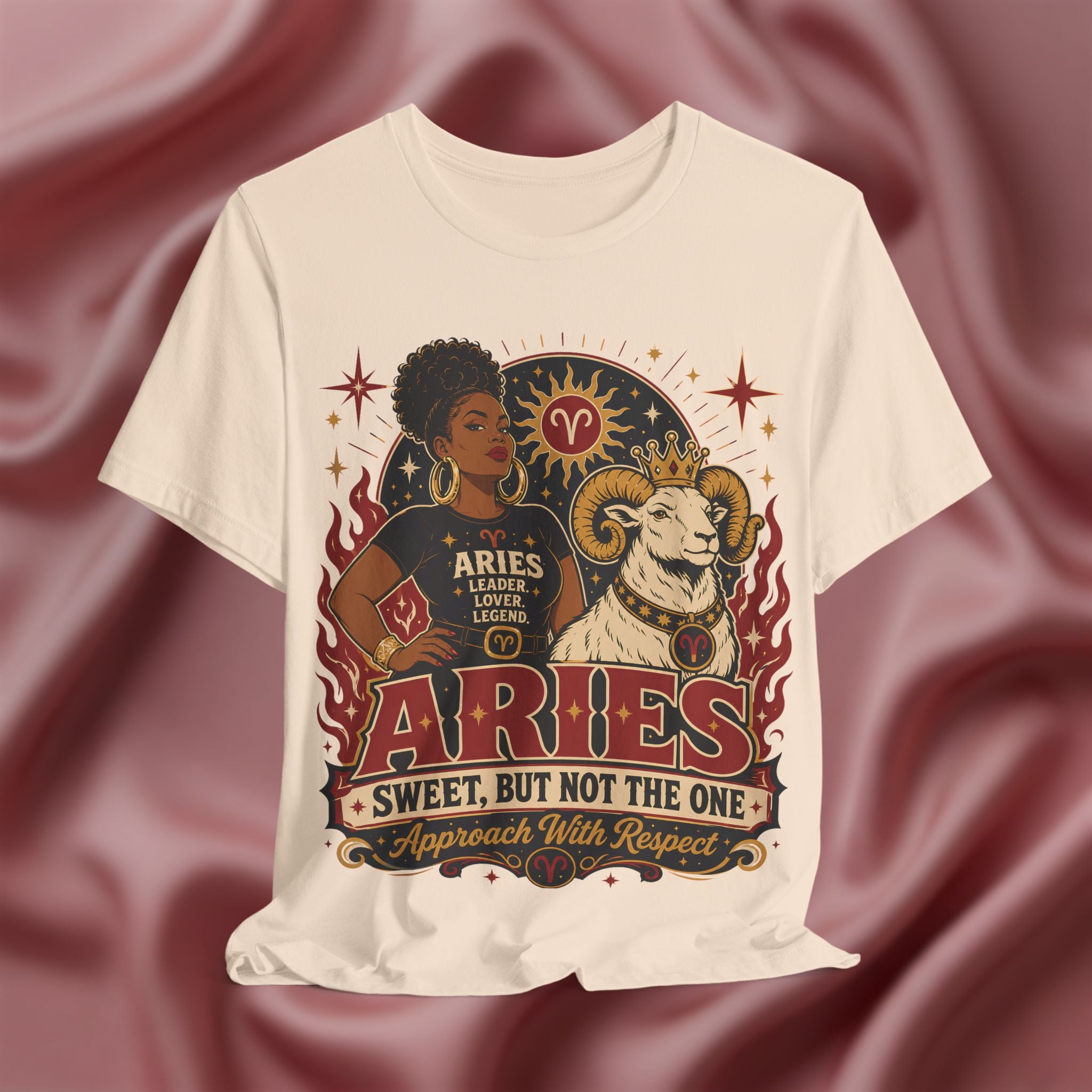 Soft cream T-shirt with Aries zodiac design on a textured red background