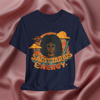 Navy blue t-shirt with an afro and the text 'Sagittarius Energy' 