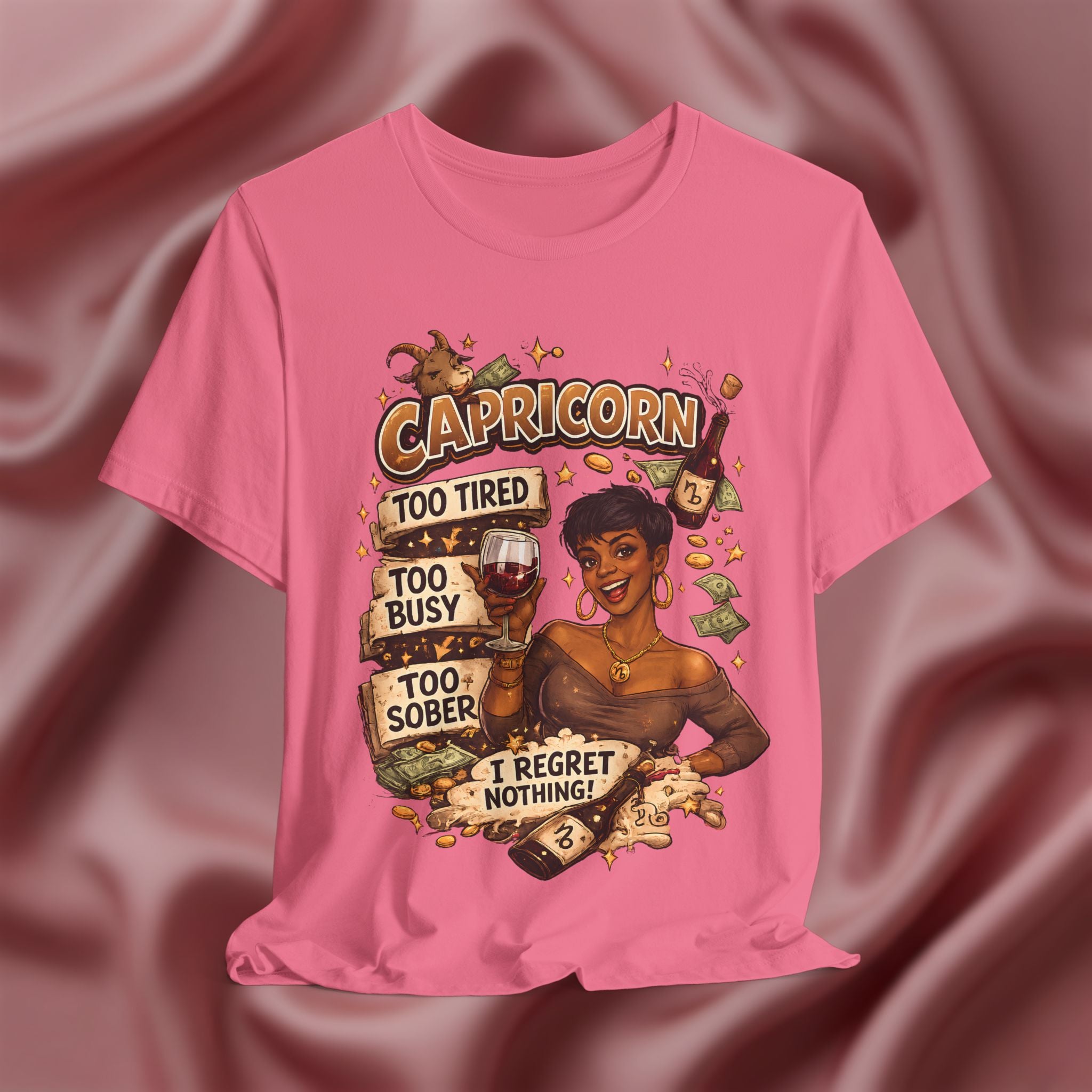 Charity Pink t-shirt with Capricorn zodiac design on a textured pink background