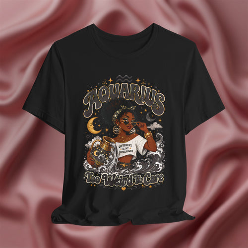 Black t-shirt with 'Aquarius Too Weird To Care' design featuring a black woman wearing a t-shirt with the text 'different is my superpower' on a pink fabric background