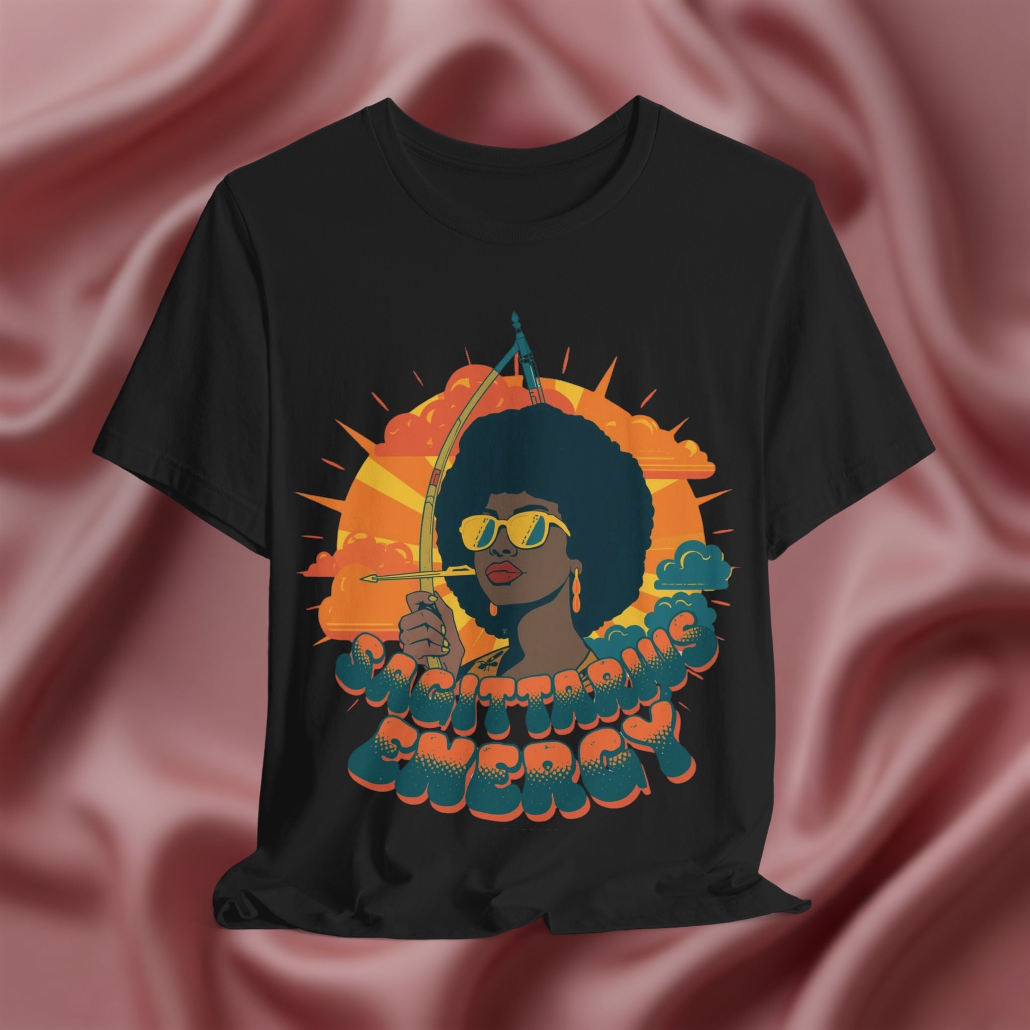 Black t-shirt with a graphic of a woman holding an arrow and the text 'Sagittarius Energy'