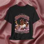 Black t-shirt with 'Aquarius Too Weird To Care' design featuring a black woman wearing a t-shirt with the text 'different is my superpower' on a pink fabric background
