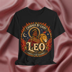 Black t-shirt with 'Crowned by Light Leo' design