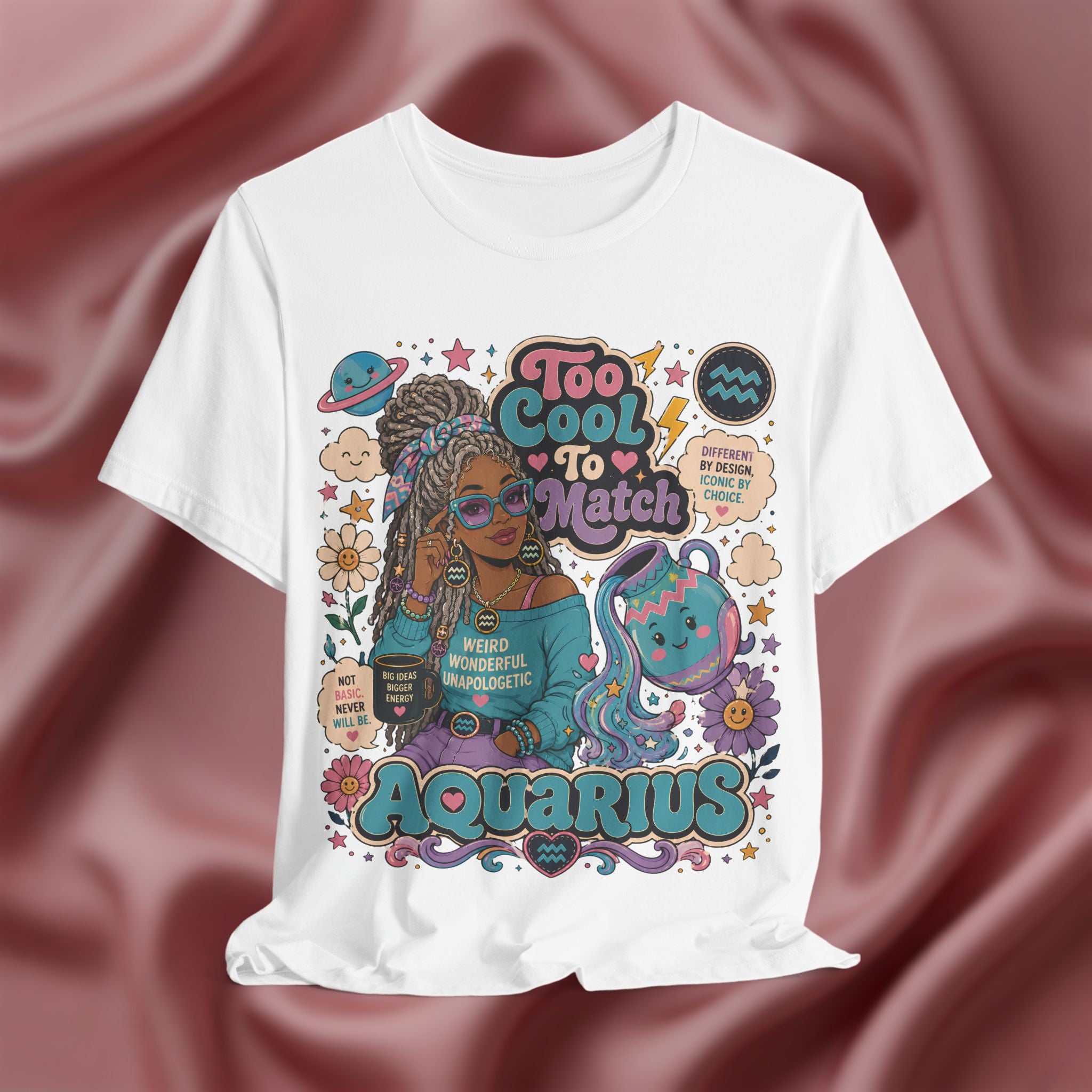 White t-shirt with Aquarius-themed design featuring a person with braided hair and colorful graphics 