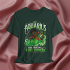 Green t-shirt Pink t-shirt with Aquarius design featuring a black woman and text 'The original free thinker' on a pink fabric background