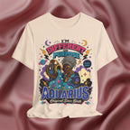 soft cream T-shirt with Aquarius design and text on a textured brown background