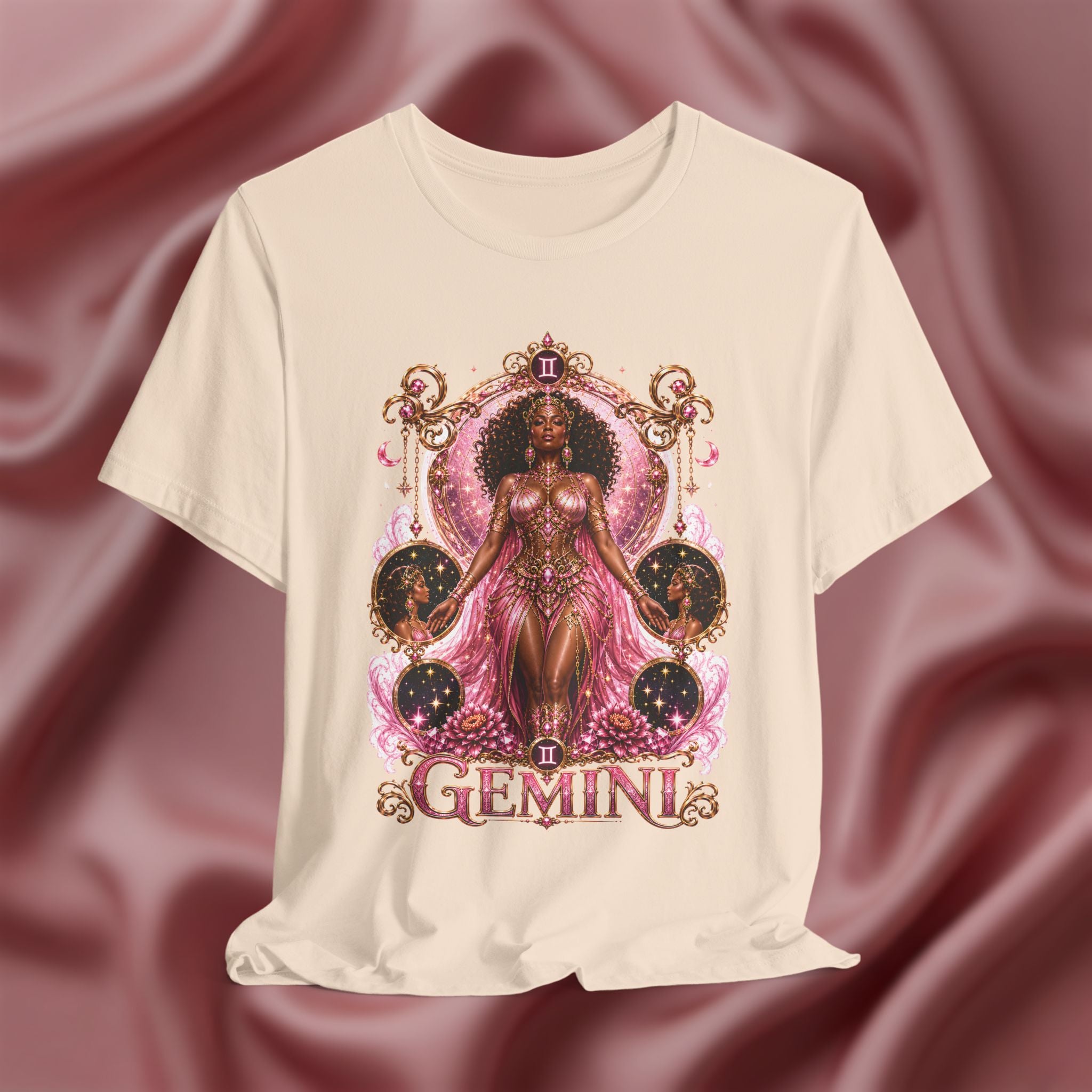 Soft cream T-shirt with 'Gemini' design featuring a woman in a pink dress on a pink fabric background