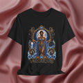 Black t-shirt with 'Aquarius' design featuring a woman in a blue dress on a pink fabric background