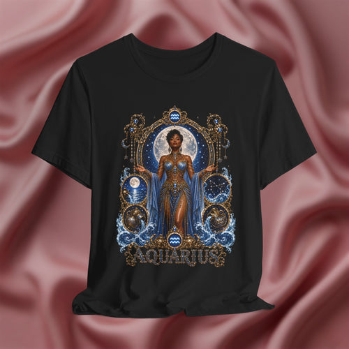 Black t-shirt with 'Aquarius' design featuring a woman in a blue dress on a pink fabric background