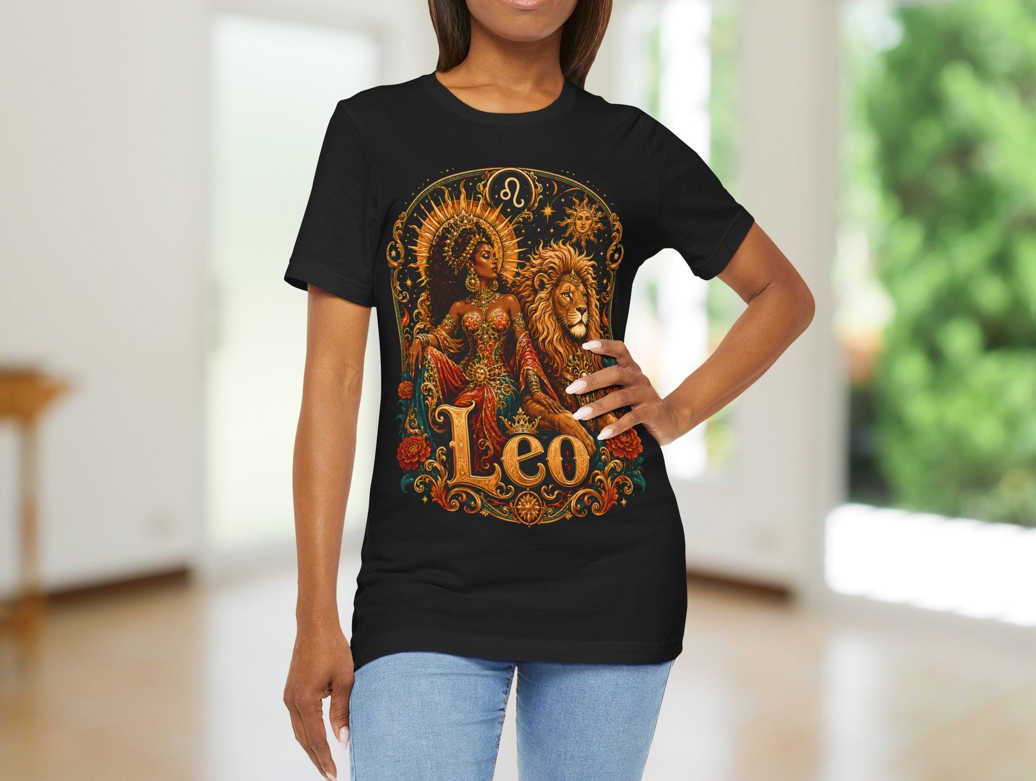 Woman wearing a black t-shirt with a 'Leo' design in a room with blurred background