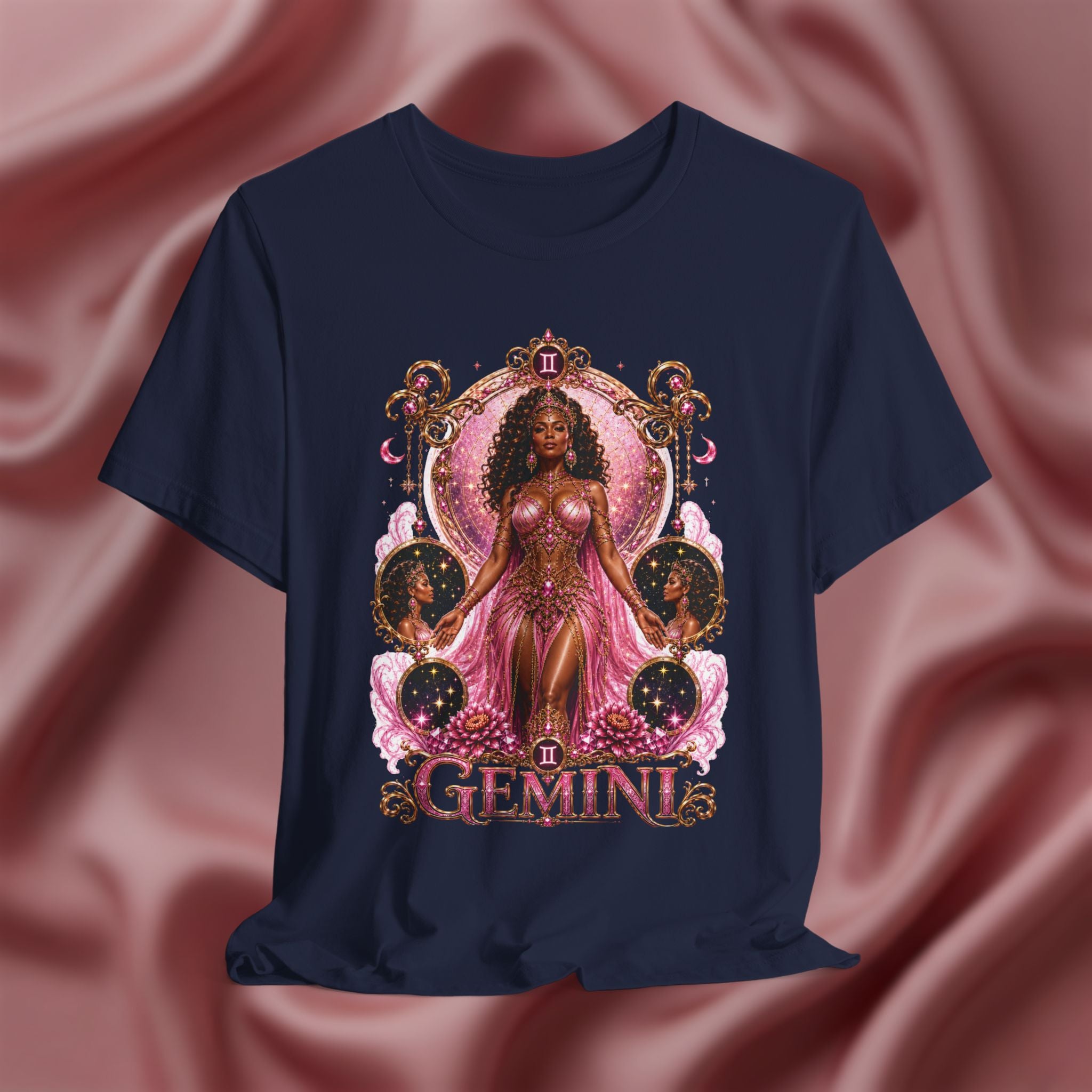 Navy blue t-shirt with 'Gemini' design featuring a woman in a pink dress on a pink fabric background