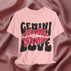 Pink t-shirt with 'GEMINI LOVE' design on a textured pink background