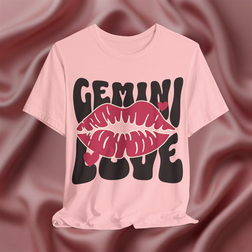 Pink t-shirt with 'GEMINI LOVE' design on a textured pink background