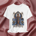 White t-shirt with 'Aquarius' design featuring a woman in a blue dress on a pink fabric background