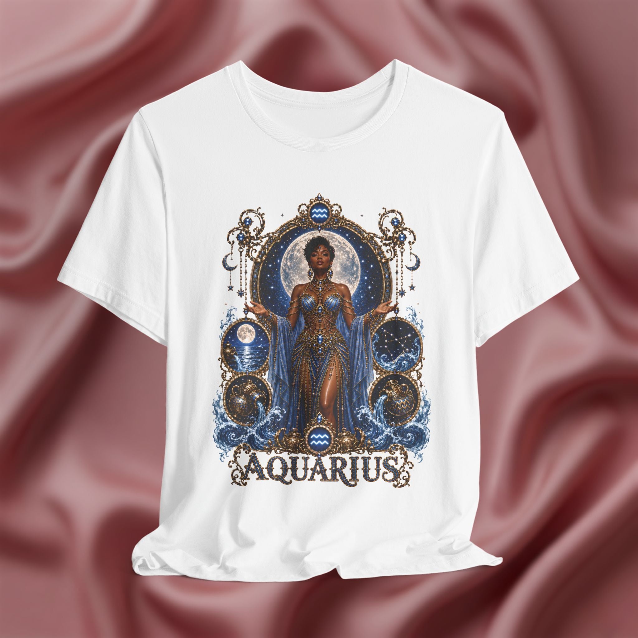 White t-shirt with 'Aquarius' design featuring a woman in a blue dress on a pink fabric background