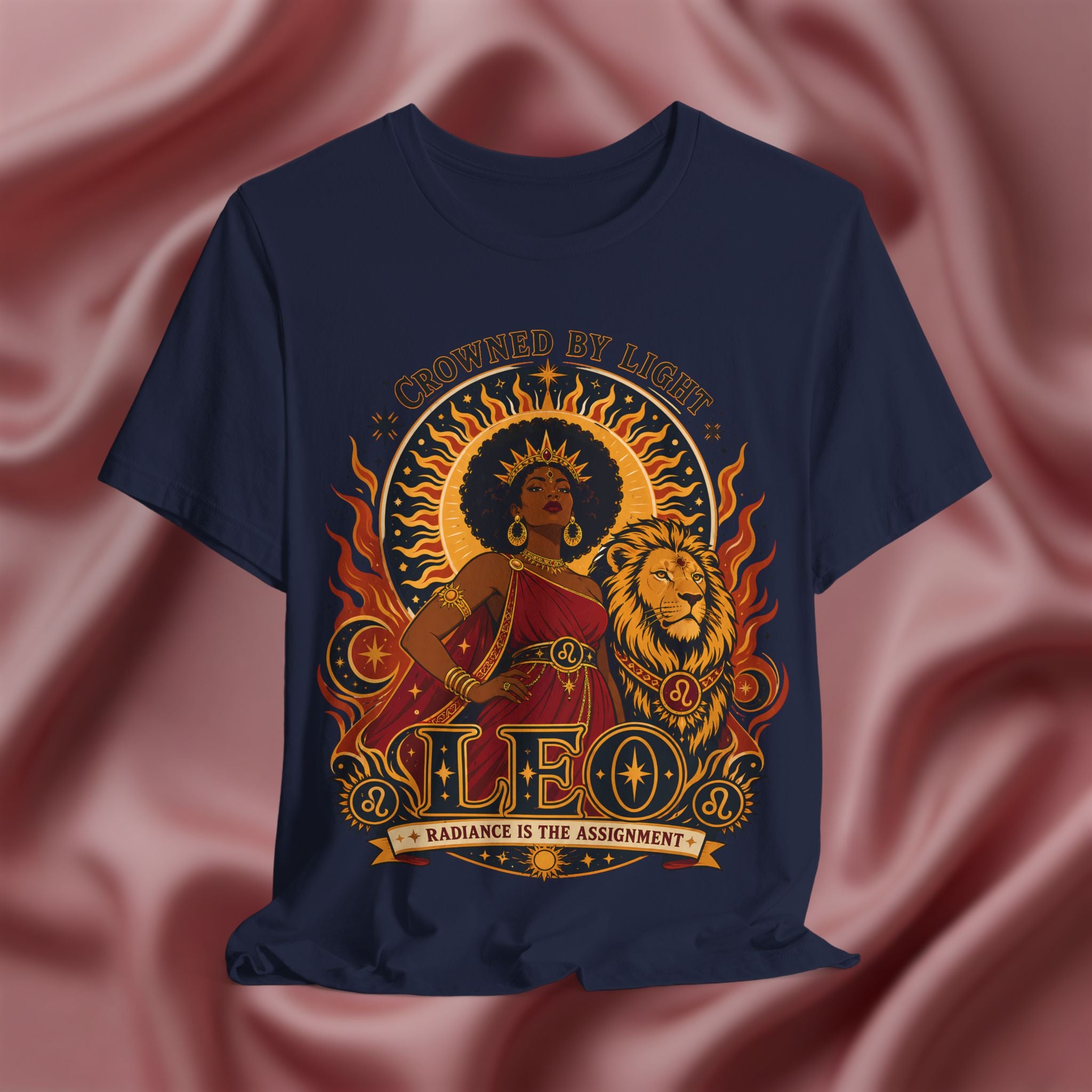navy blue  Leo Zodiac shirt with a black woman and lion with the text crowned by light. radiance is the assignment