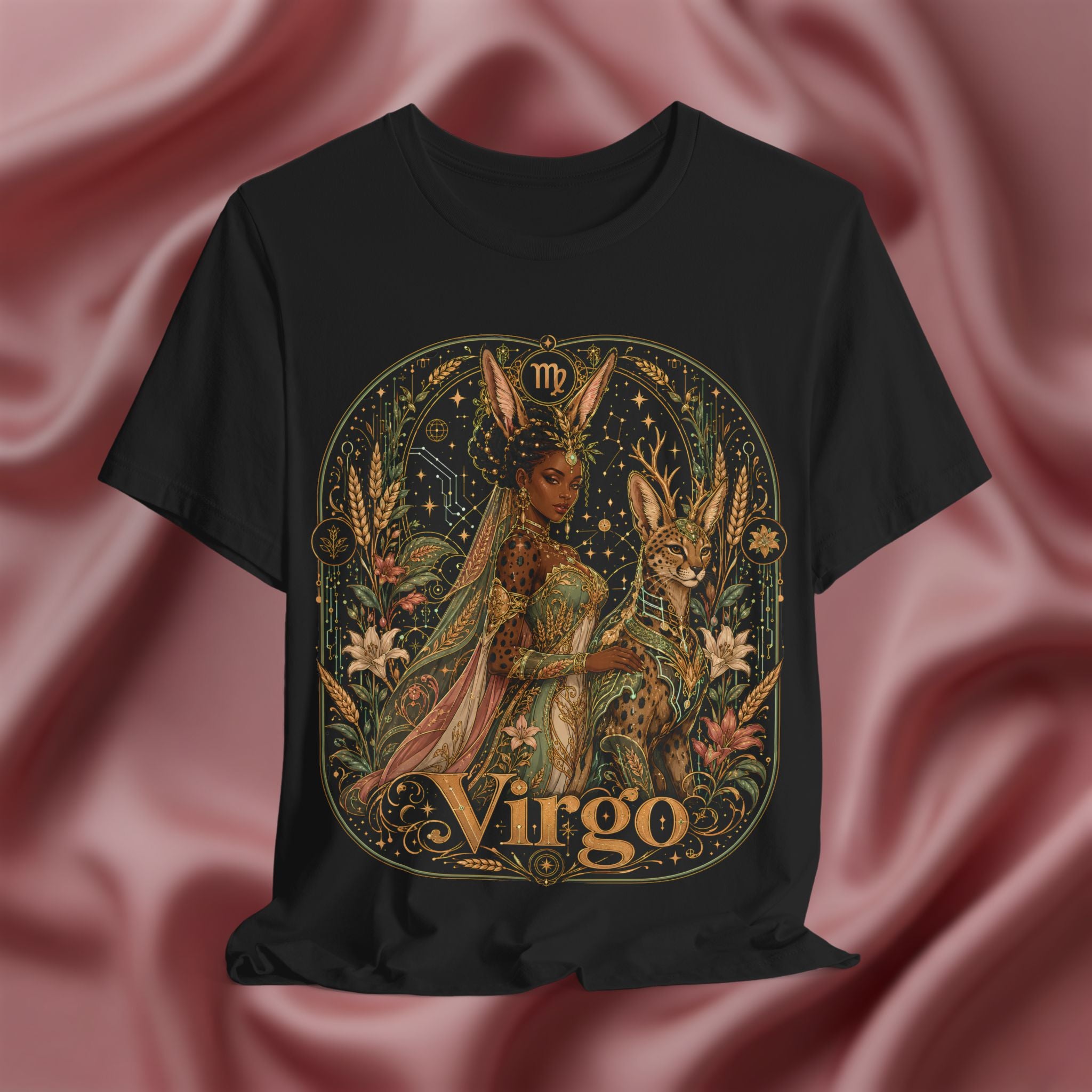 Black t-shirt with Virgo zodiac design