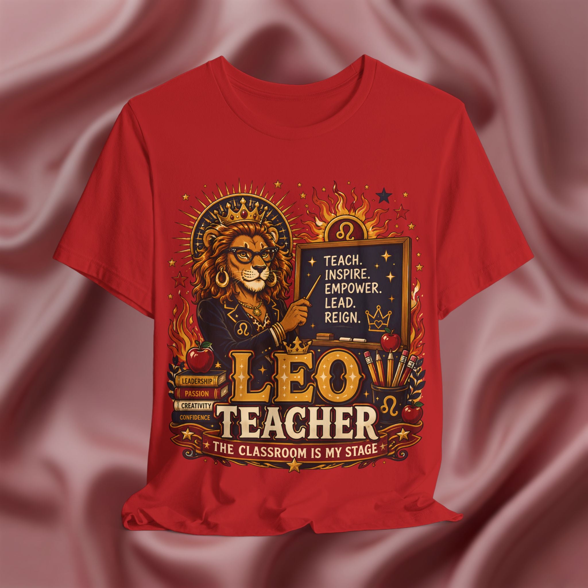 Red t-shirt with 'Leo Teacher' design featuring a lion and educational elements