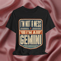 Black t-shirt with 'I'm not a mess, I'm a Gemini' design on a pink fabric background