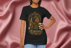 Woman wearing a black t-shirt with Capricorn zodiac design against a pink fabric background
