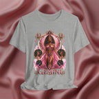 Gray t-shirt Black t-shirt with 'Gemini' design featuring a woman in a pink dress on a pink fabric background
