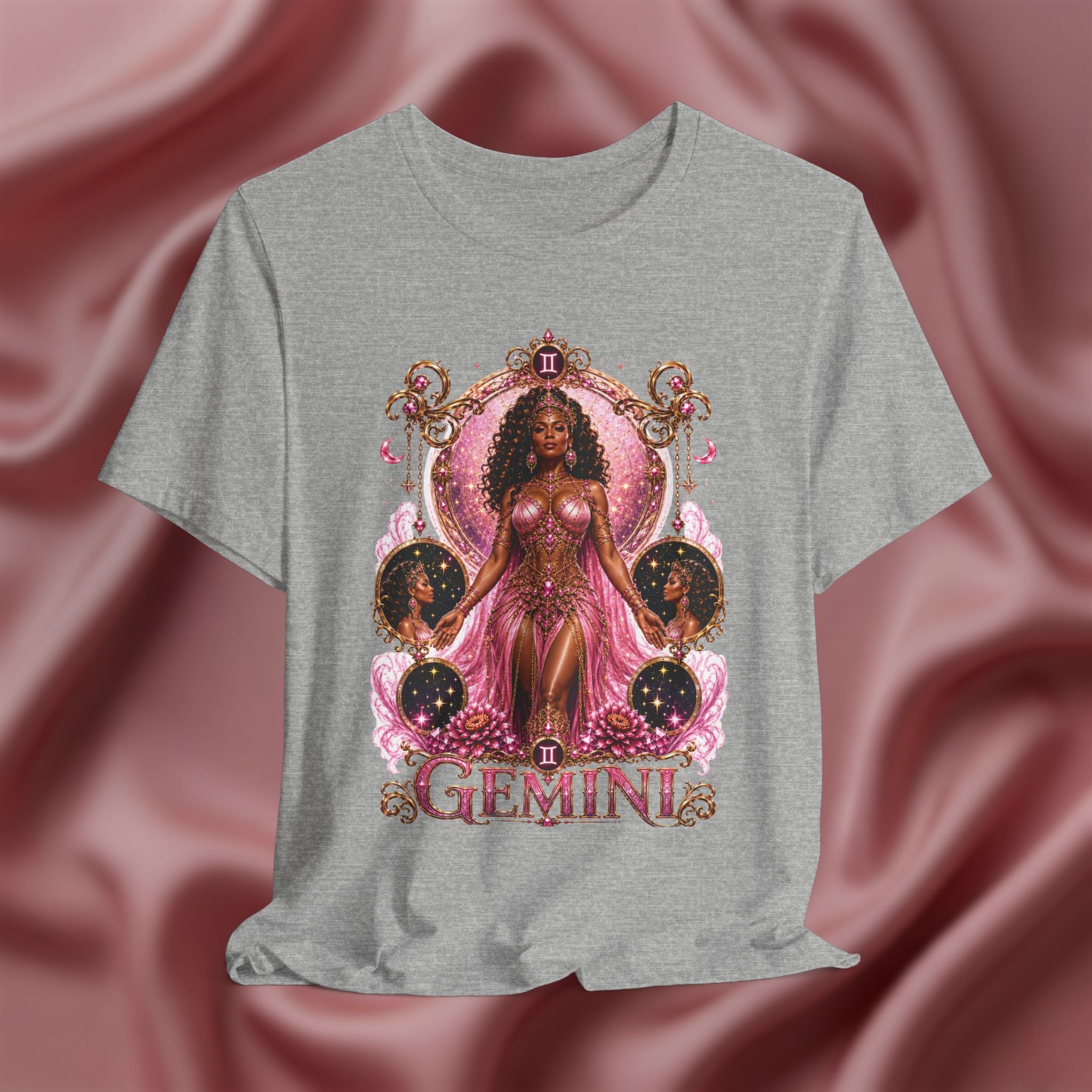 Gray t-shirt Black t-shirt with 'Gemini' design featuring a woman in a pink dress on a pink fabric background