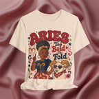Soft cream T-shirt with Aries zodiac design featuring a woman and ram on a maroon fabric background