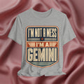 Gray t-shirt with 'I'm not a mess, I'm a Gemini' design on a pink fabric background