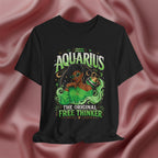 Black t-shirt with Aquarius design featuring a black woman and text 'The original free thinker' on