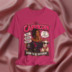 Berry Pink t-shirt with Capricorn-themed design featuring a woman and goat on a pink fabric background